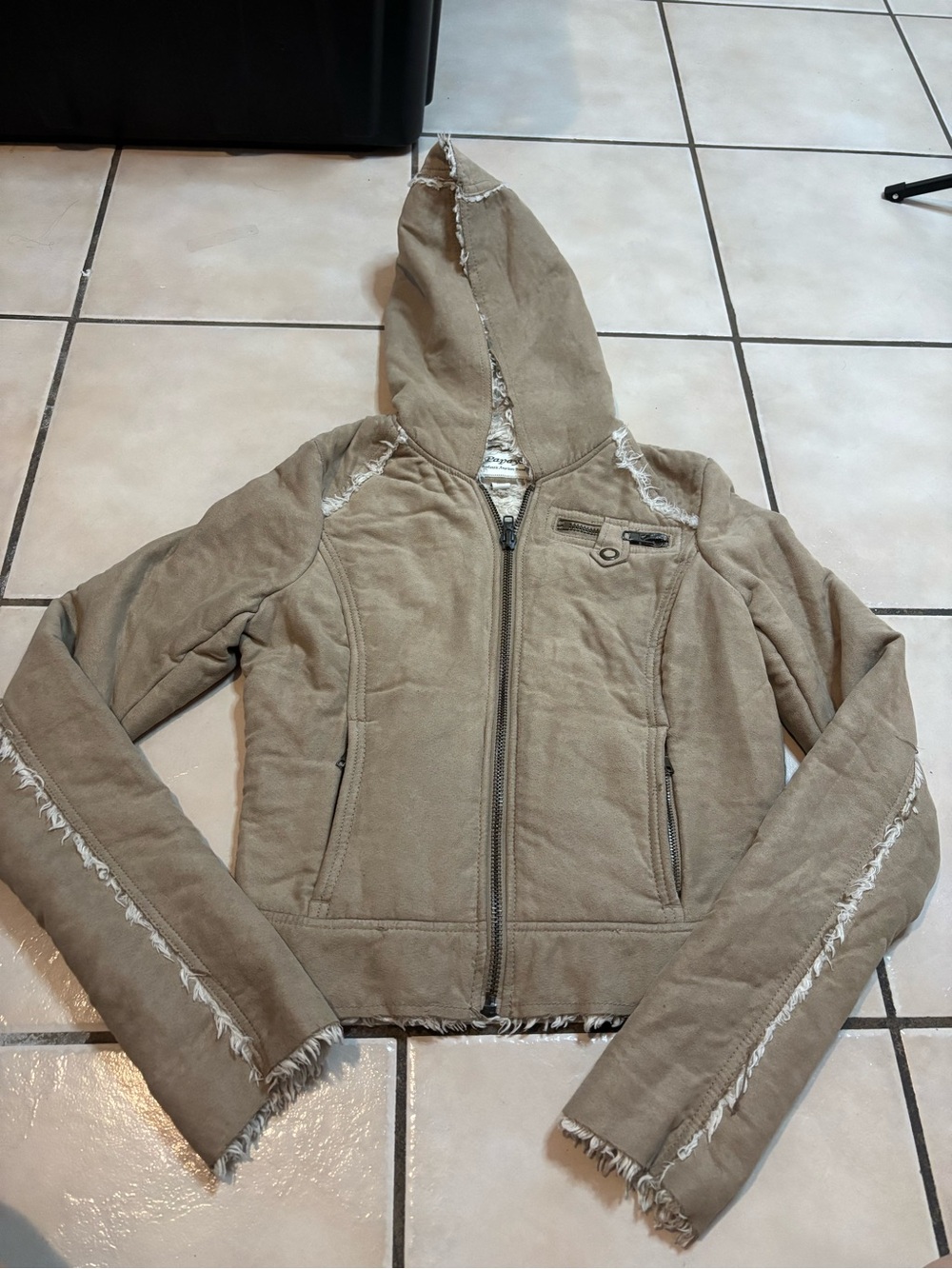 Papaya Hooded Frayed-Trim Jacket in Taupe